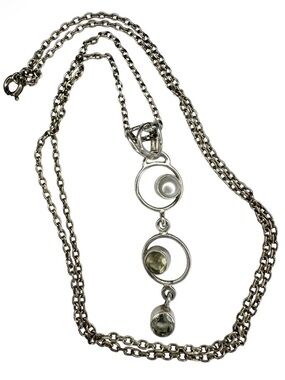 Sterling Silver Citrine & Pearl Ladder Pendant & Silver Chain